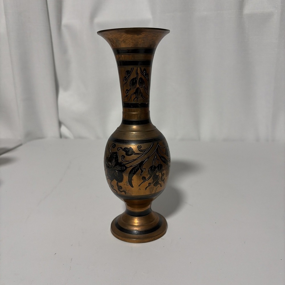 Vintage Copper Plated Brass Vase Engraved Floral 8 Inch Made In India Decorative